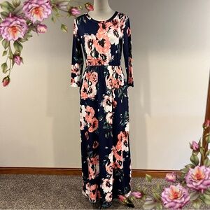 Women's Long Sleeve Maxi Dress in Navy Blue and Pink with Pockets - Size Small
